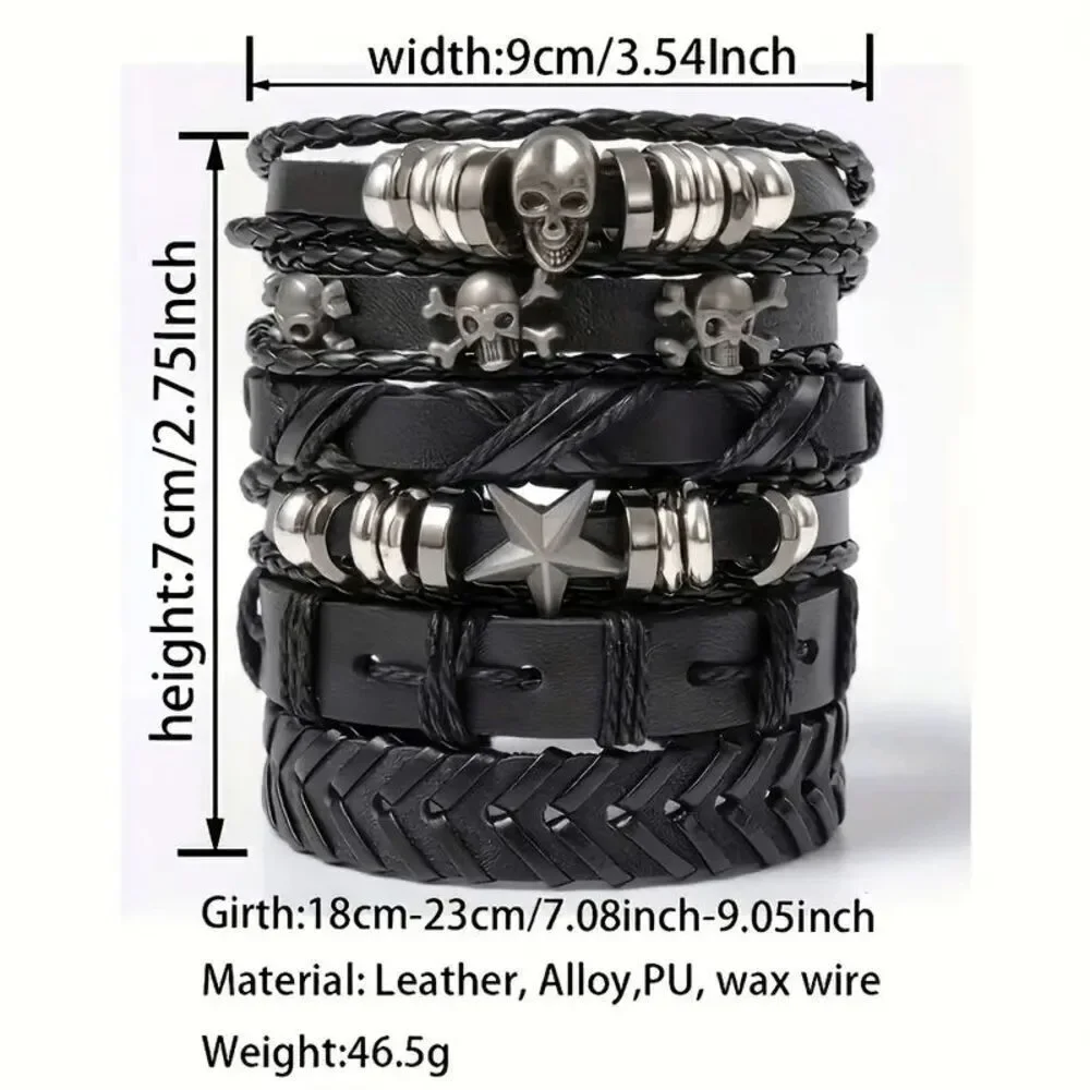 BLACK LEATHER SKULL STAR BRACELET SET